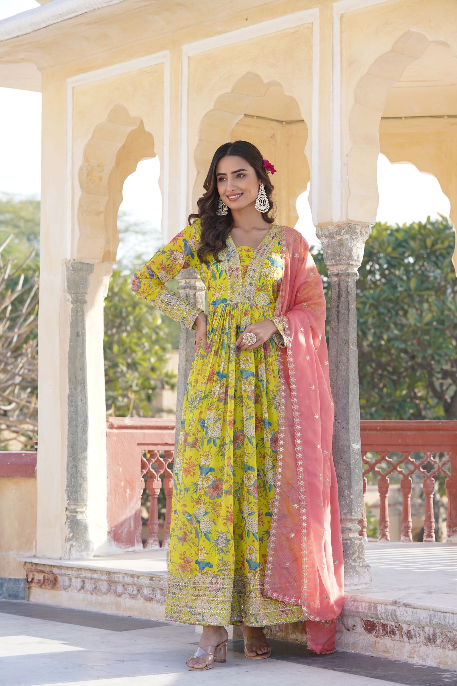 KA 1087 Russian Silk Embroidery Printed Wedding Gown Dupatta Wholesalers In Delhi
